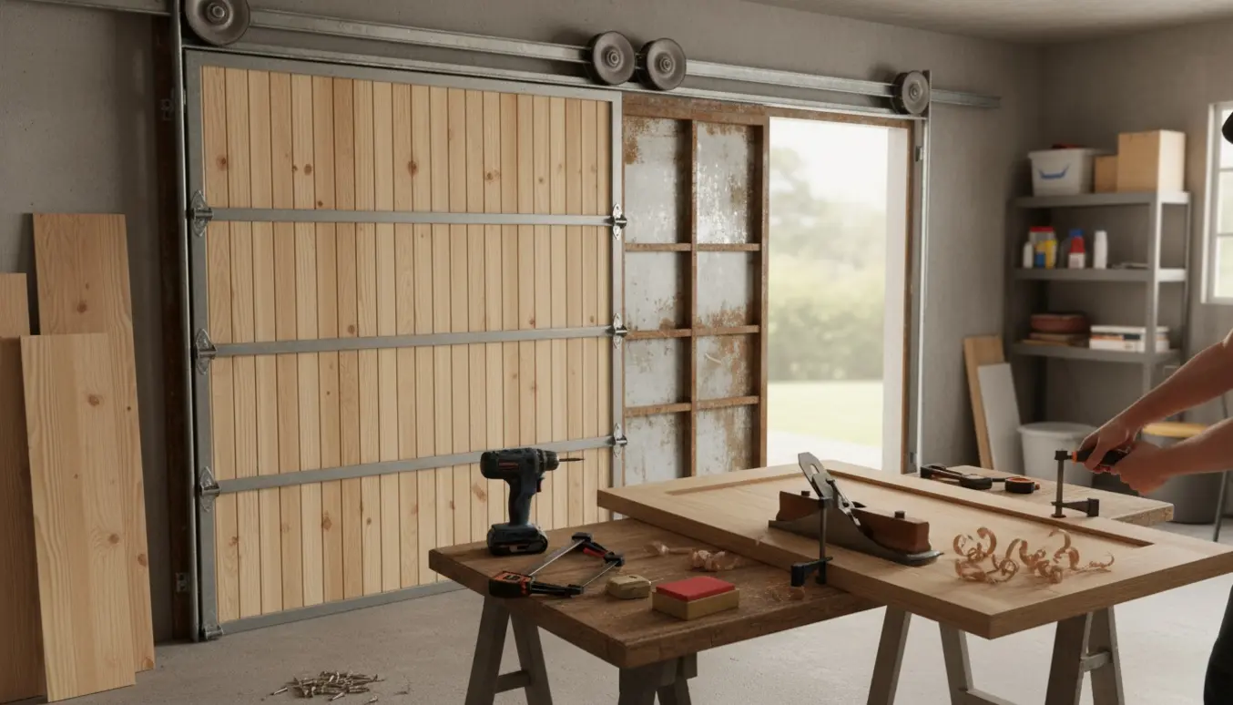 Halvt monteret garageport med nye 12 mm sporplader, synlige skinner, værktøj og en hånd, der justerer en plade.