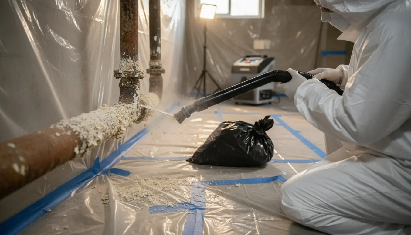 Nærbillede af beskyttede hænder, der skraber kiselgur-isolering af et varmerør i en afdækket kælder.