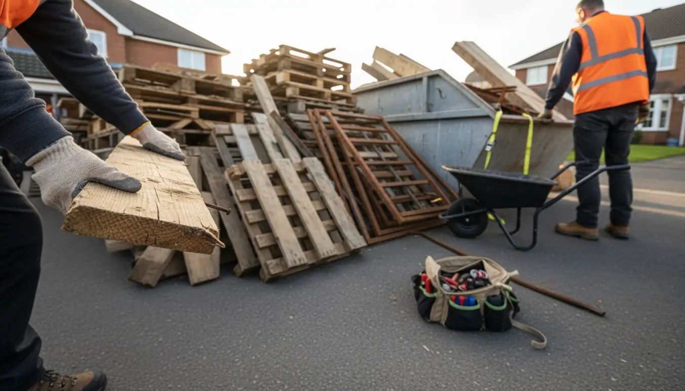 Træ- og metalaffald læsses på en trailer i indkørslen med arbejdshænder og værktøj i fokus.