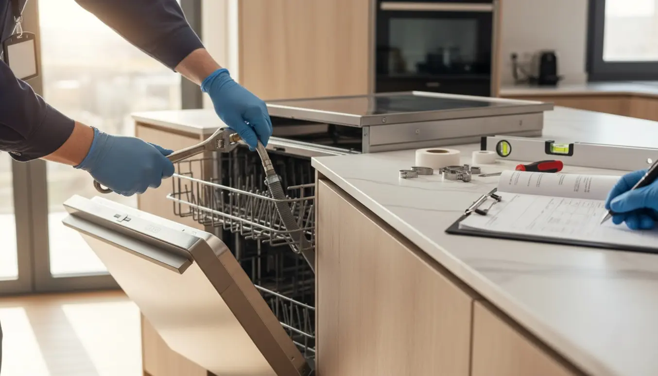 Autoriseret tekniker tilslutter en ny indbygningsopvaskemaskine og underskriver en installationstjekliste.