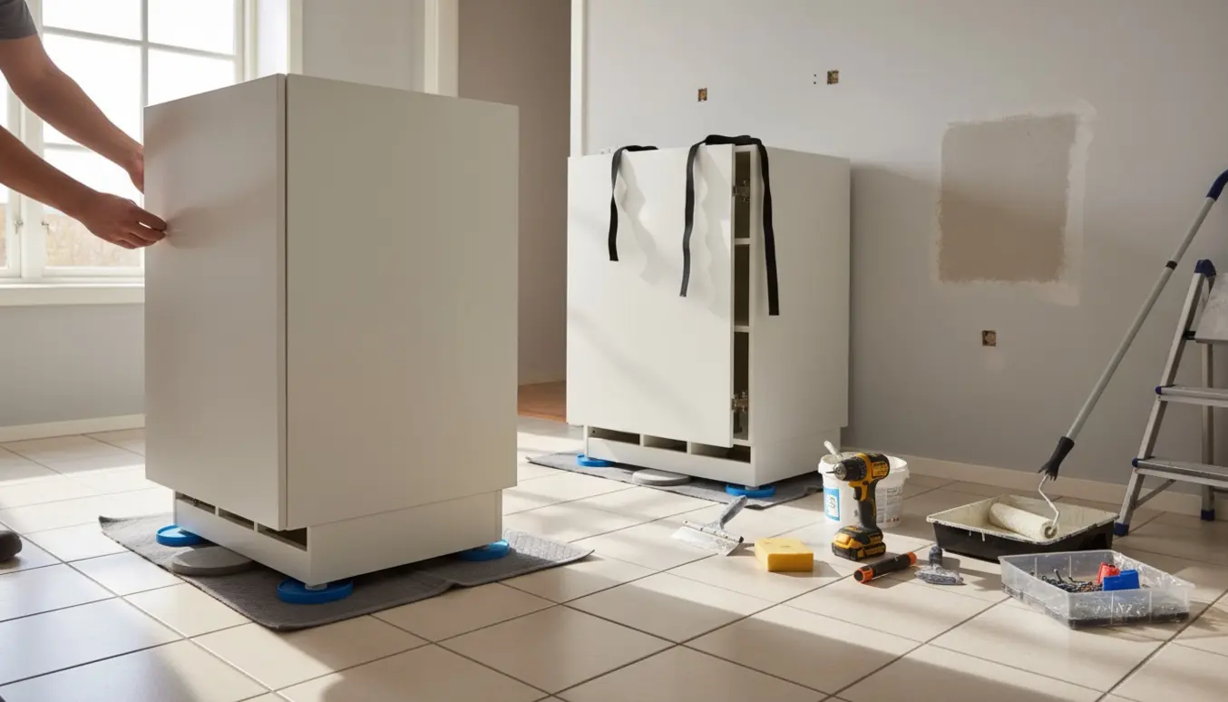 To Svanekøkken-skabe står på beskyttende filt- og gliderpuder på et flisegulv, mens væggene spartles og gøres klar til maling.