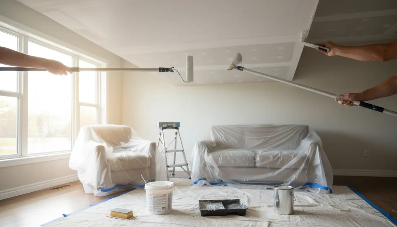 Et rum med gipslofter, en rulle maler hvid maling og spartelværktøj i forgrunden.