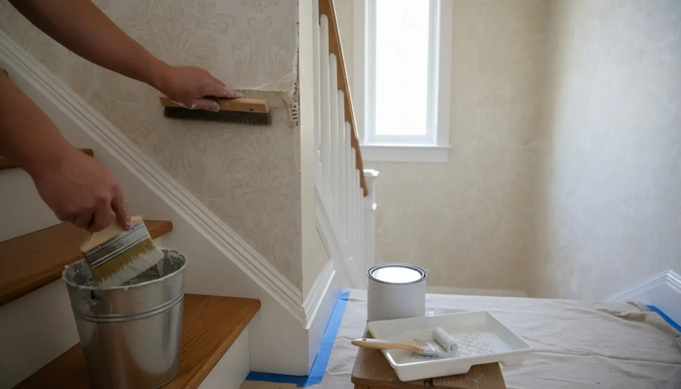 Hænder limer tapet og maler en lille trappeopgang med lavglansmaling.