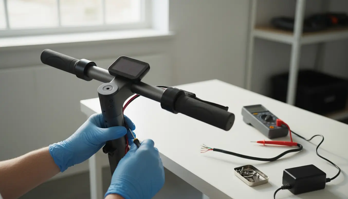 Nærbillede af et el-løbehjul med slukket display, hvor hænder med værktøj tjekker batteriforbindelserne.