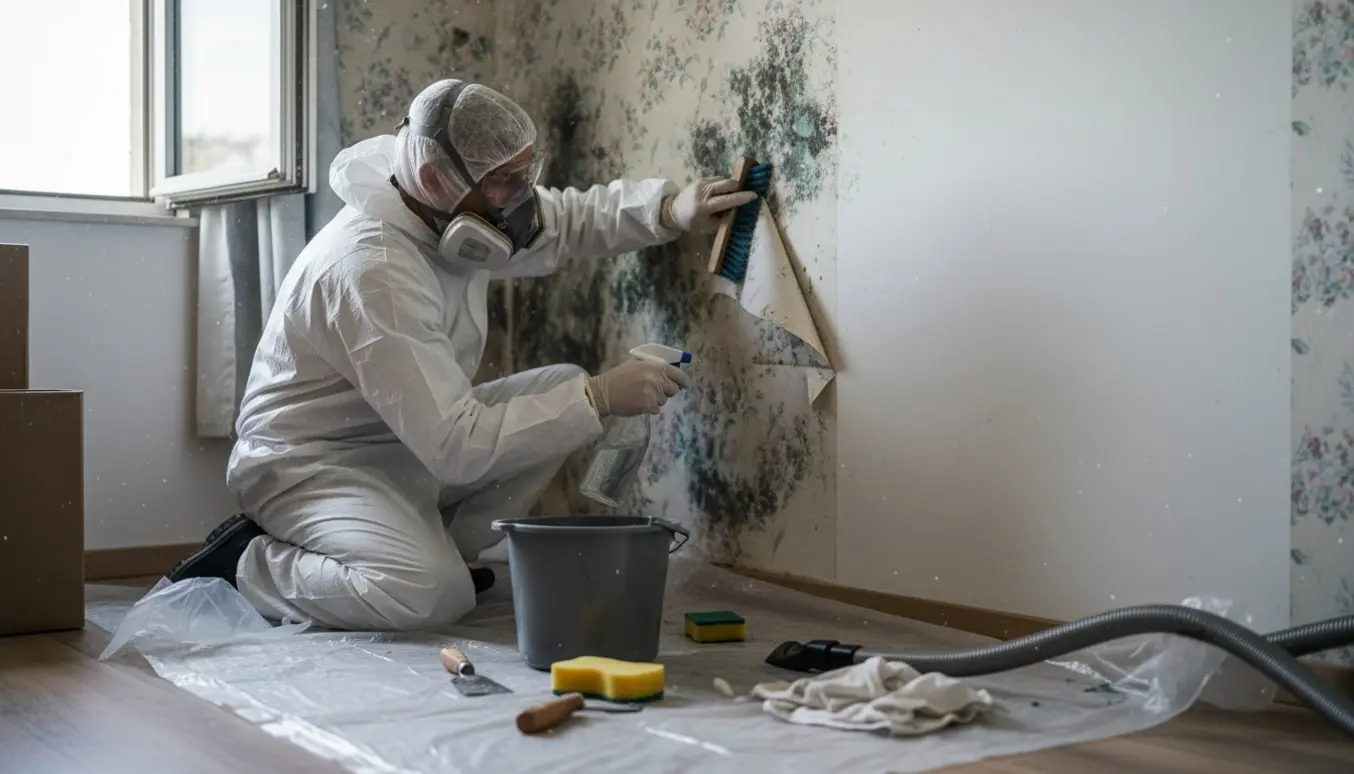 Hænder i handsker og åndedrætsværn skrubber skimmelsvamp fra en væg med rengøringsudstyr og åben vindue i baggrunden.