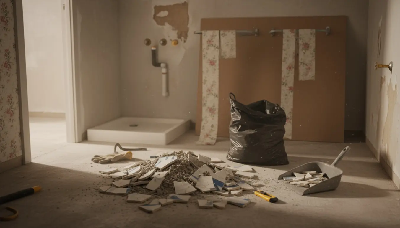 Et lille badeværelse under renovering med ordnede bunker af byggeaffald, gipsplader og afrevet tapet i dagslys.