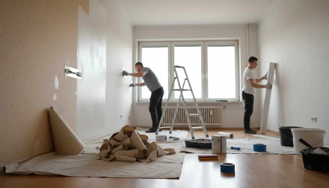 Forberedelse af vægge i en lys lejlighed med fjernet savsmuldstapet, fuldspartling, opsætning af filt og maling.