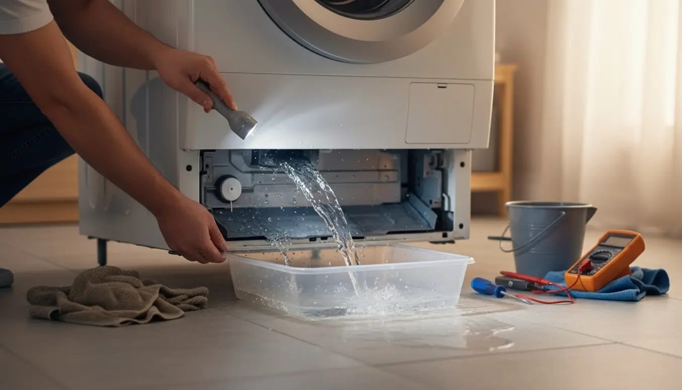 En vaskemaskine med åbent bundpanel, tipper let mens vand tømmes i en bakke og værktøj ligger ved siden af.