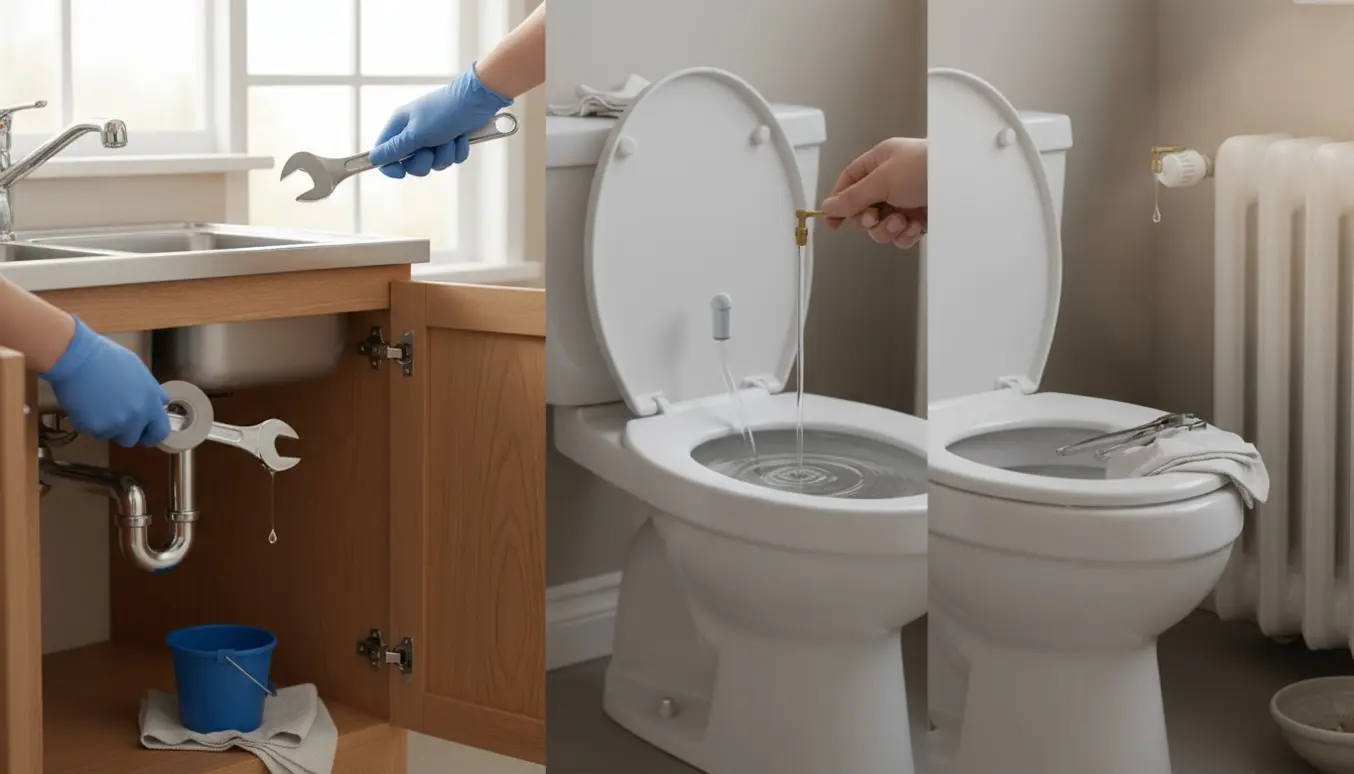 Hænder reparerer en utæt vandlås under køkkenvask, mens et toilet løber og en radiator luftes i baggrunden.