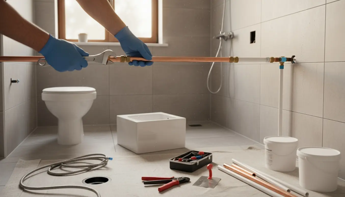 Midlertidigt badeværelse uden toilet og håndvask, hvor en rørforlængelse udføres ved brusenichen.