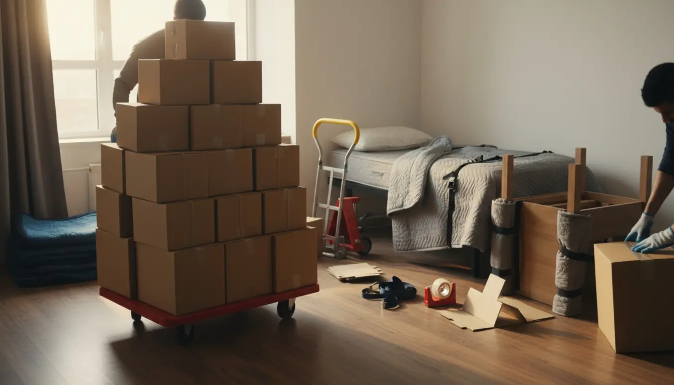 Stak af flyttekasser, en lille seng og et bord pakket og klar til flytning i en lys stue.