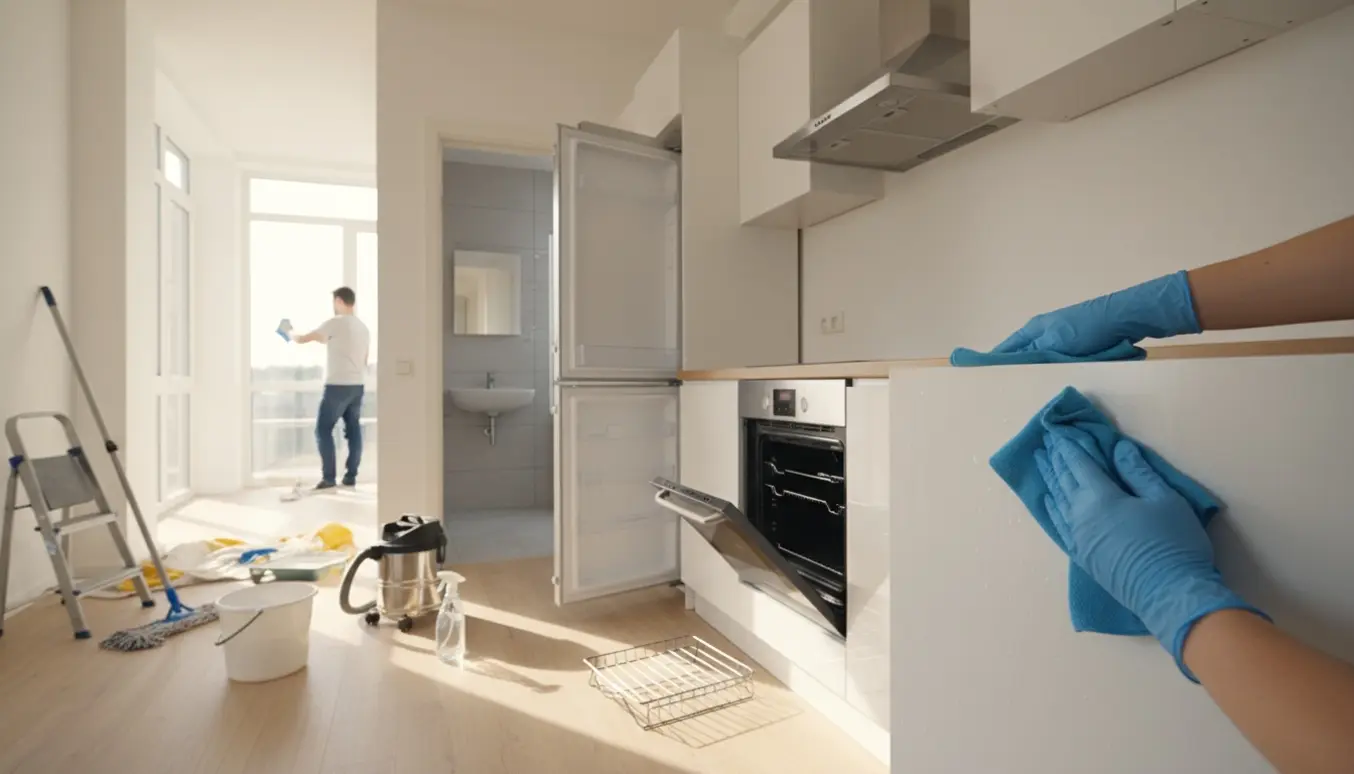 Person tørrer et køkkenskab af i en tom lejlighed efter malerarbejde.