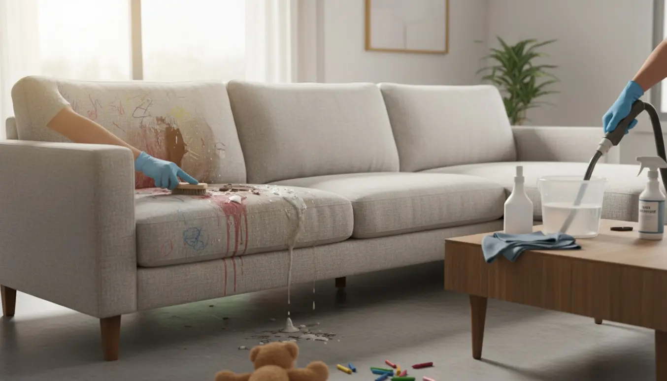 Hænder renser en stofsofa til fire personer med pletter i et lyst opholdsrum, med rensemidler og legetøj i baggrunden.