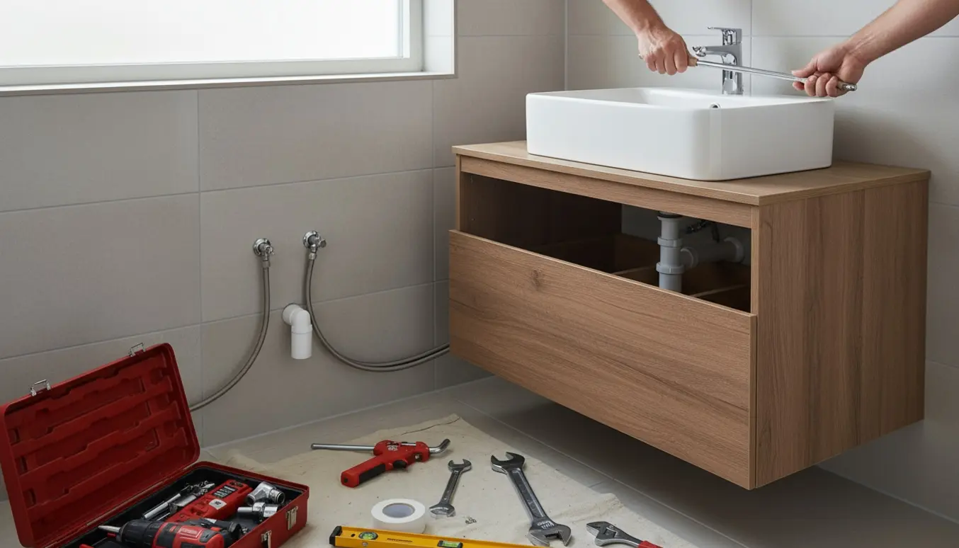 Delvist installeret nyt badmøbel og håndvask med værktøj og en hånd, der strammer fittings.