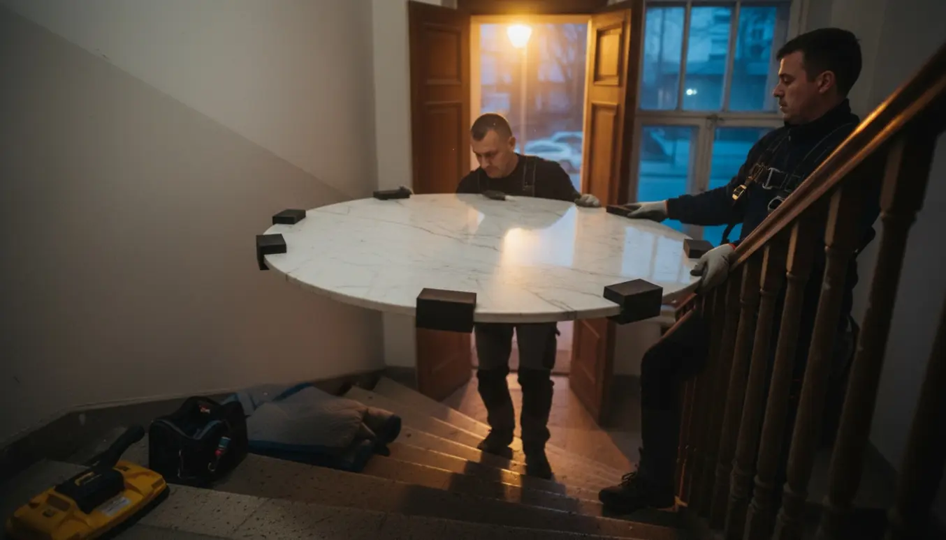 To mænd bærer en stor rund marmorbordplade op ad en trappe til førstesalen i skumringslys.