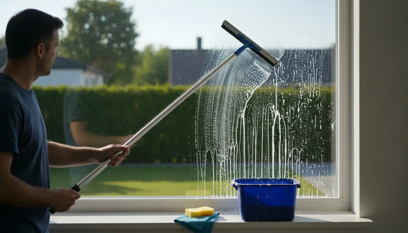 Vinduespudser rengør et stort vindue med rive og spand, halvt rent glas med refleksion af have og himmel.