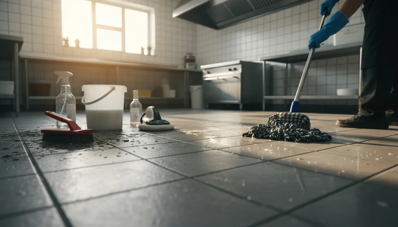 Et tidligere takeaway-køkken gulv bliver rengjort med moppe og børste, hvor kalk og fedt fjernes.