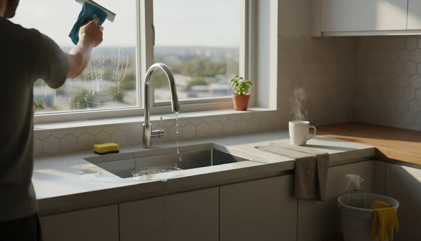 En person gør køkkenvindue rent med skraber og mikrofiberklud i en lys lejlighed.