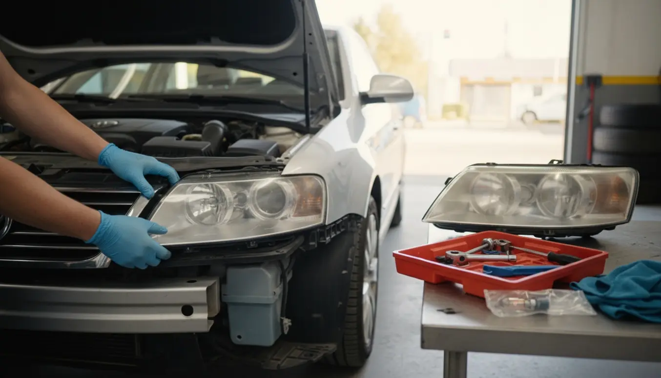 Nærbillede af udskiftning af forlygte på en sølv Passat 3C i garage med handsker og værktøj.