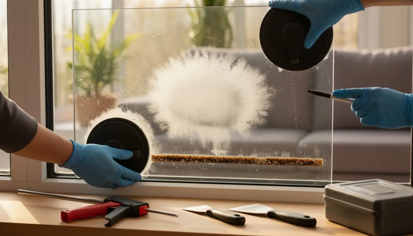 Nærbillede af en punkteret termorude med dug mellem ruderne og håndværkerens handsker og værktøj på vindueskarmen.