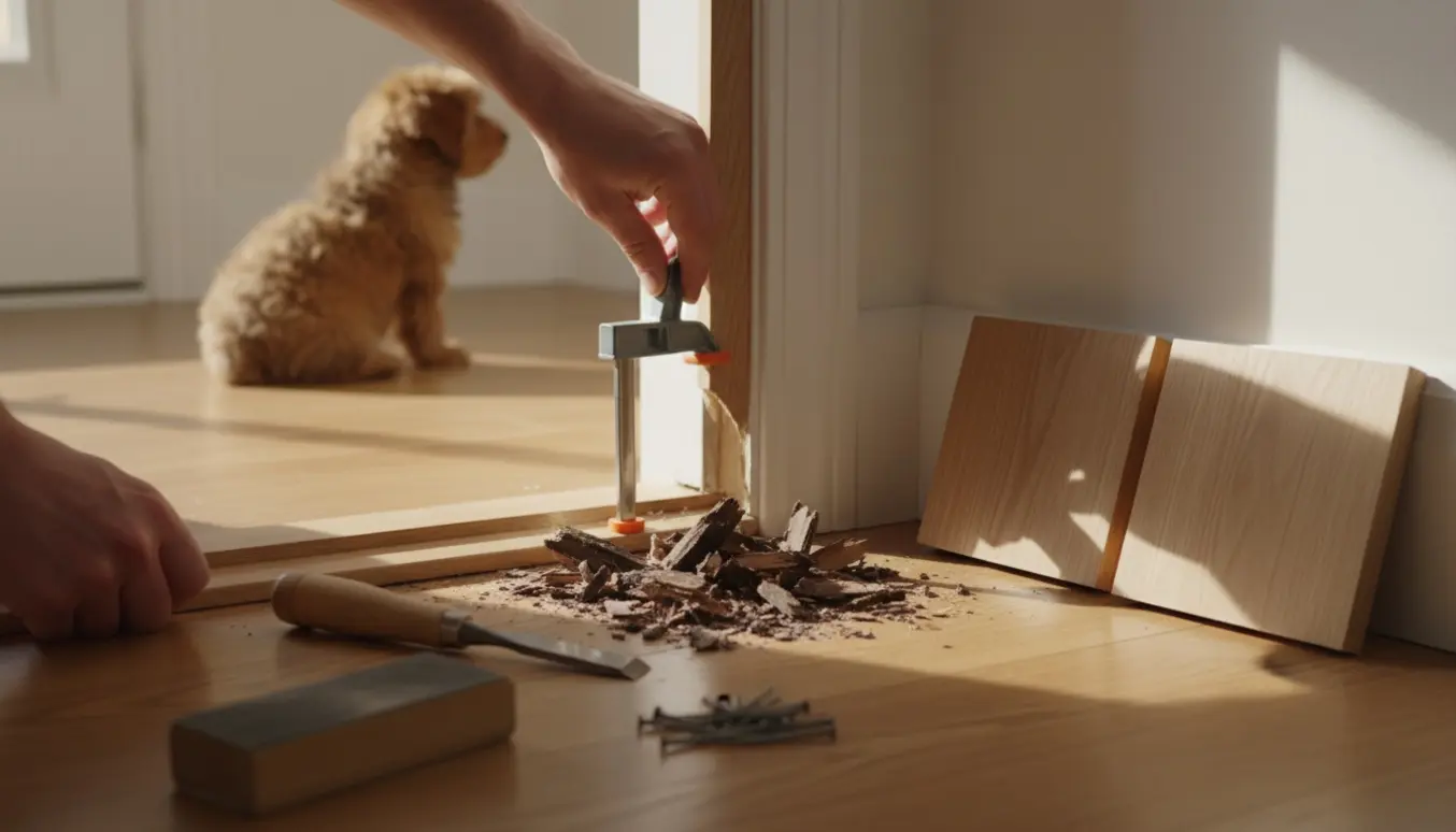 Nærbillede af reparation af hvalp-gnavet dørkarm og udskiftning af gulvpaneler i et solbelyst hjem.