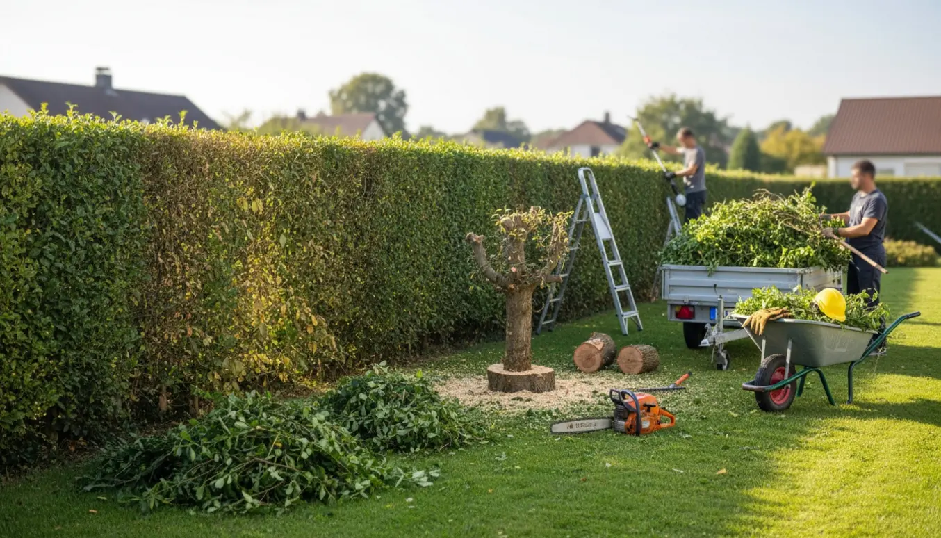 Lang hæk på cirka 11 meter klippes ned omkring 30 cm, grene læsses i trailer ved et fældet træ.