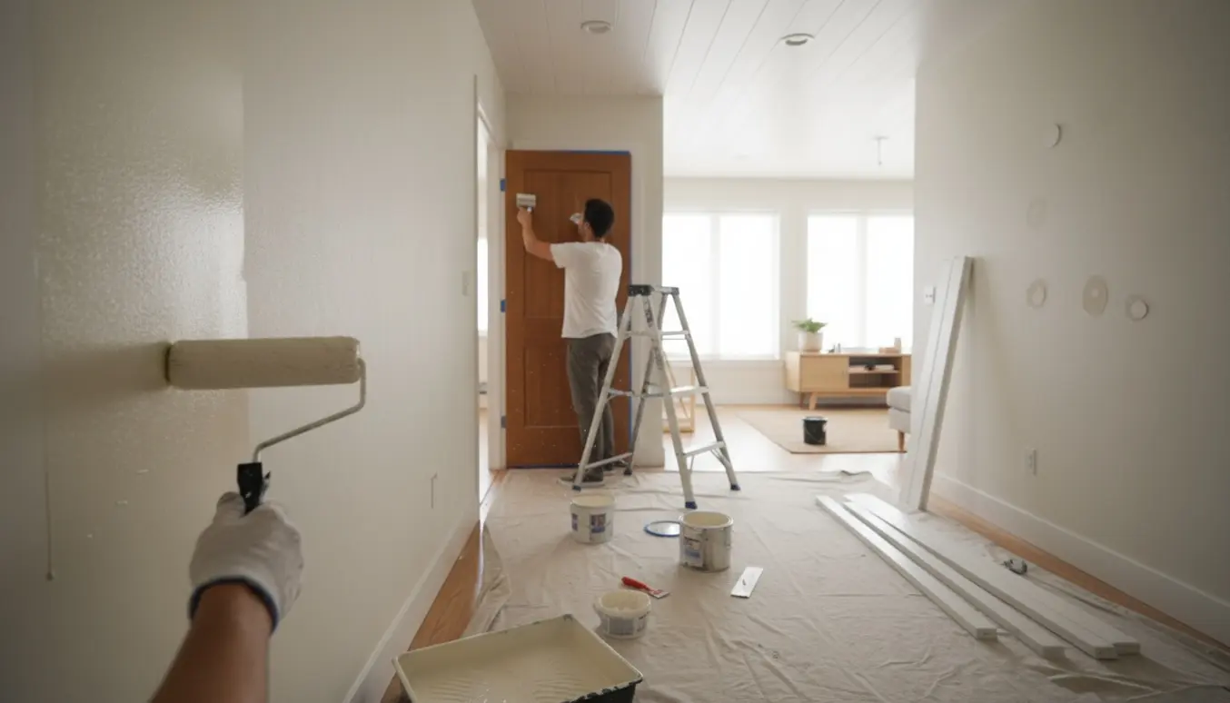 Indvendigt billede af et mellemstort lejemål under fraflytningsmaling med malerudstyr og en dør, der males.