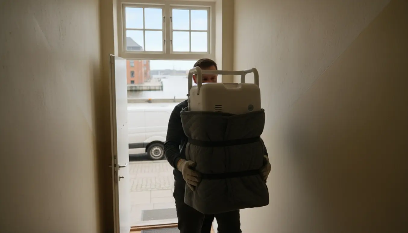 To flyttefolk bærer en iltmaskine oprejst ned ad en trappe mod en varevogn, dækket af et beskyttende tæppe og sikret med strop.