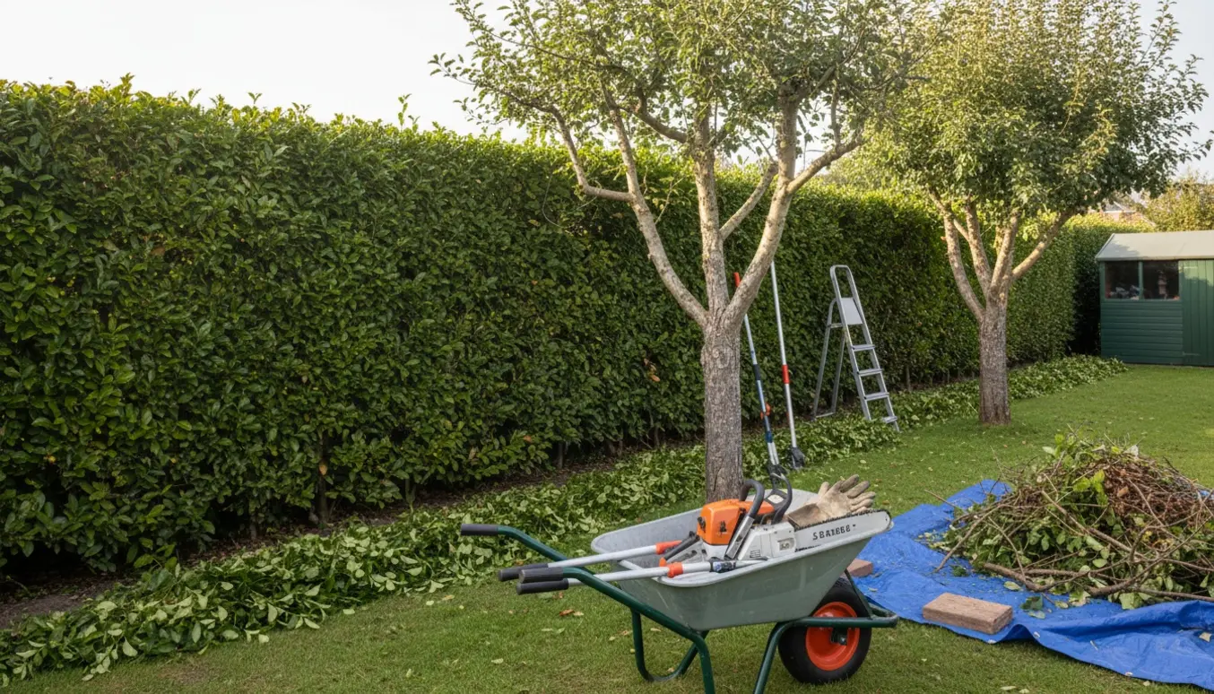 Nyklippet bøgehæk og beskårne æbletræer med en motorsav og bunke haveaffald klar til bortkørsel.