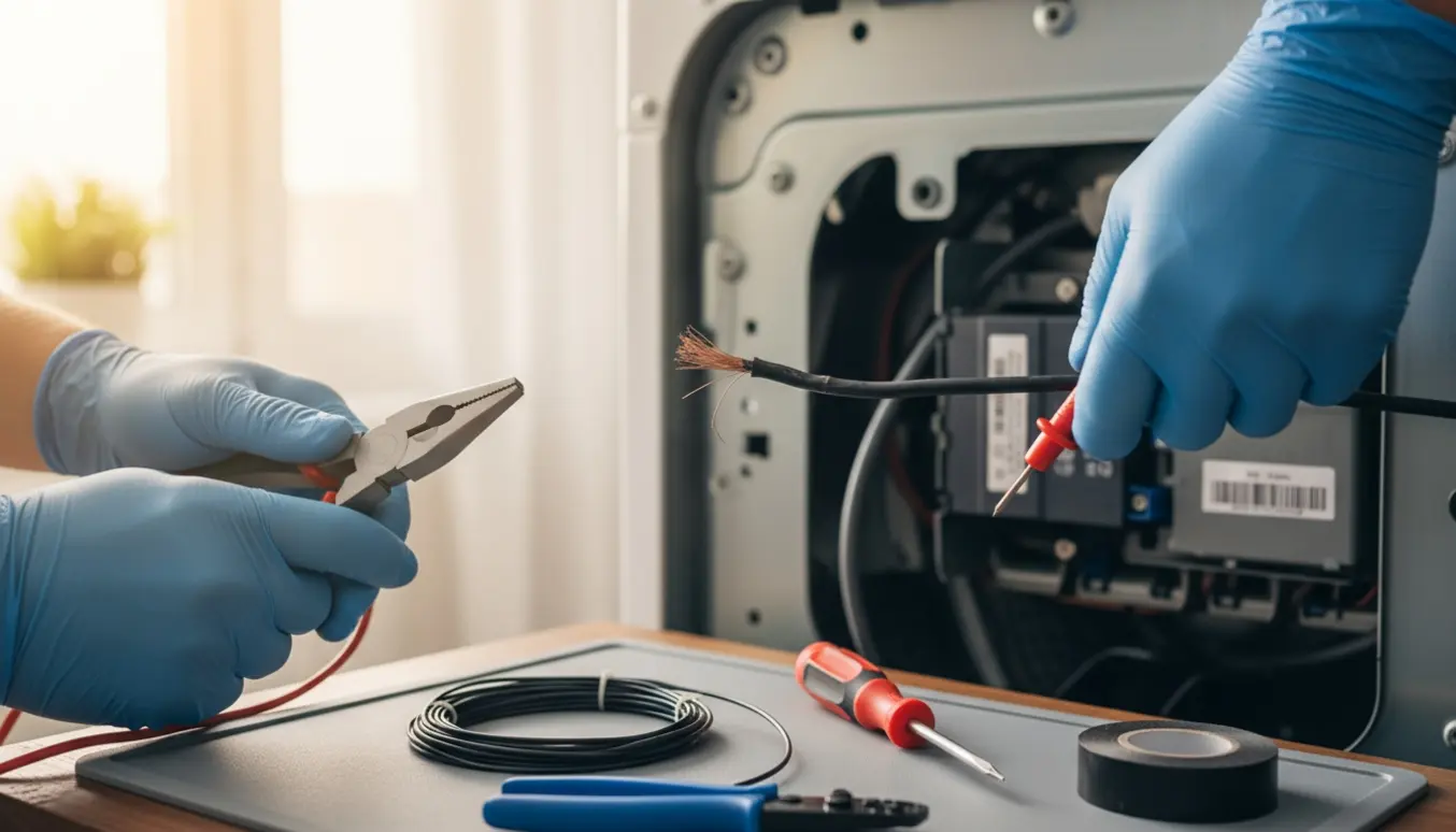 Tekniker med handsker undersøger en slidt ledning i en åben vaskemaskine med værktøj klar til reparation.