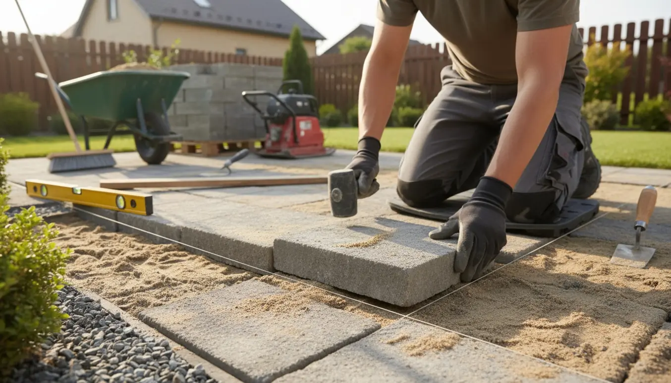 Nærbillede af fliselægning i lille baghave med hænder, gummiklubbe og værktøj på sandbund.