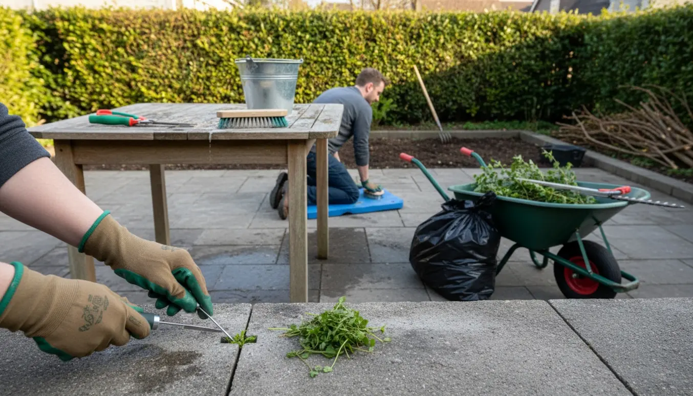 Forårsklargøring af 30 m² terrasse med ukrudt i fuger, rengøring af havemøbler og opsamling af hækafklip.