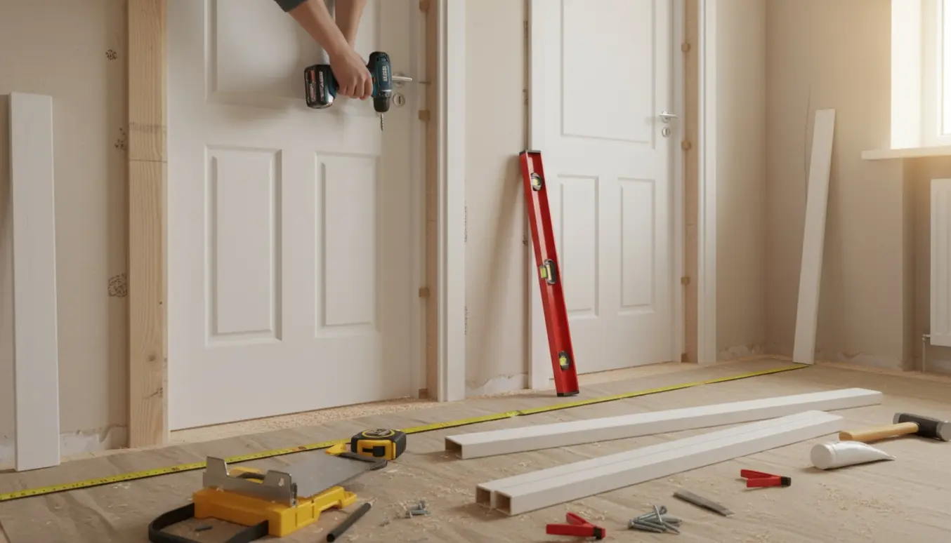 Delvist monterede indvendige døre og hænder, der måler og tilpasser fodlister i en oplyst gang.