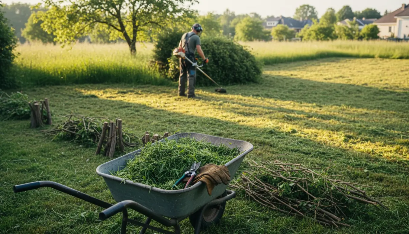 En ryddet, tilgroet grund med nyslået græs, beskårne buske og haveredskaber, set med personen bagfra.