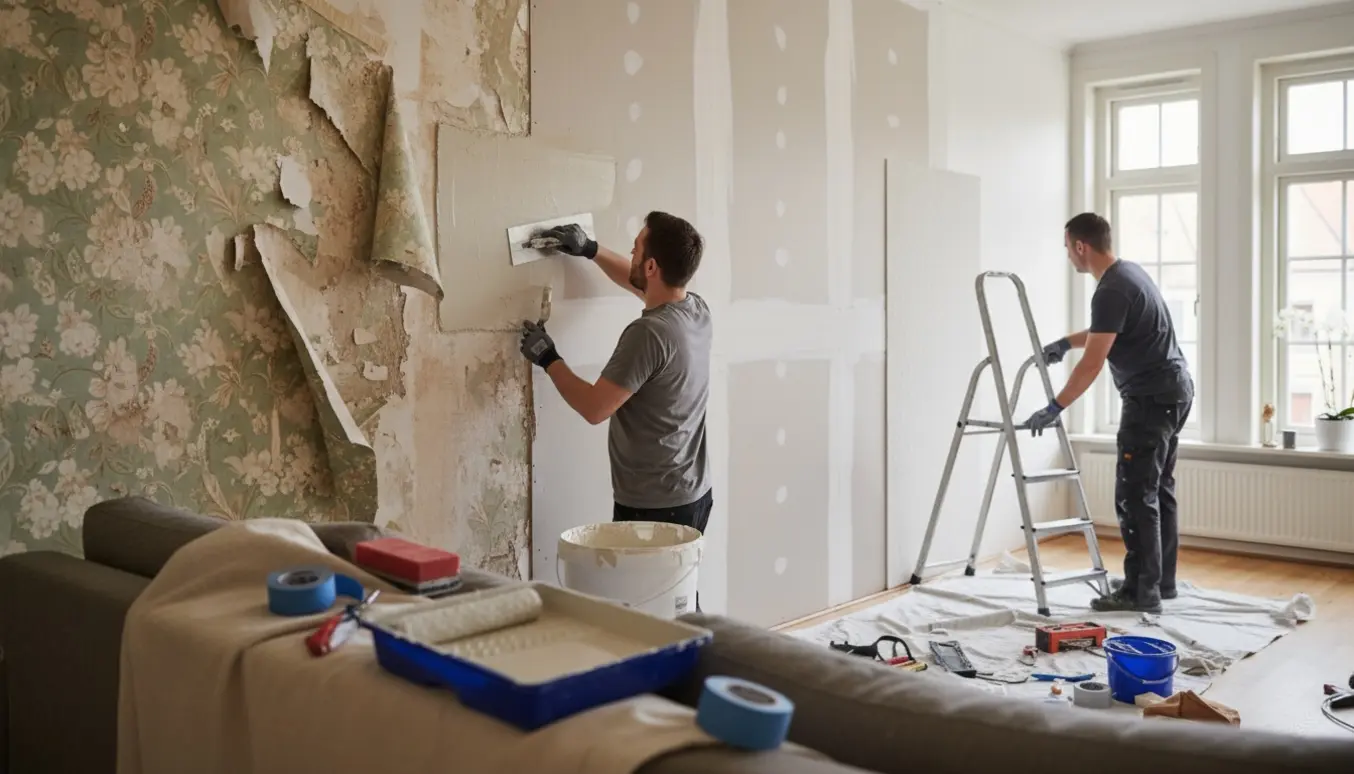 Stue under renovering med fjernelse af tapet på den ene væg og spartling/filt og maling forberedt på den anden.