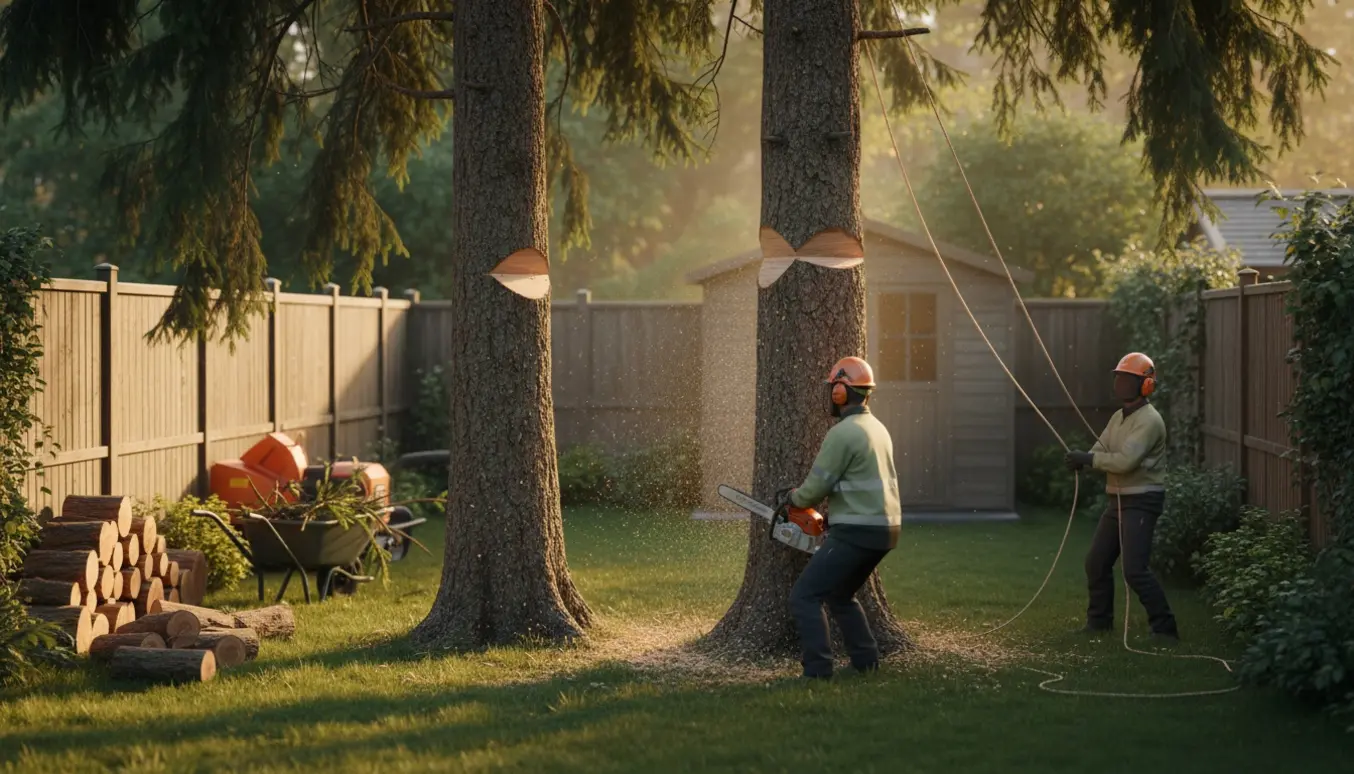 Arbejdere fælder og opskærer to høje grantræer i en lukket have med stammer og træflis på græsset.