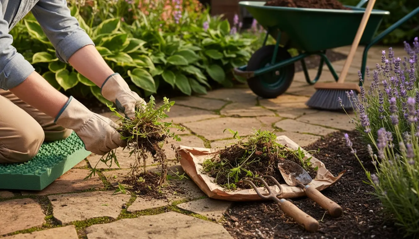 Hænder fjerner ukrudt fra en blomsterbed langs en stensti med haveredskaber og en bunke ukrudt i baggrunden.
