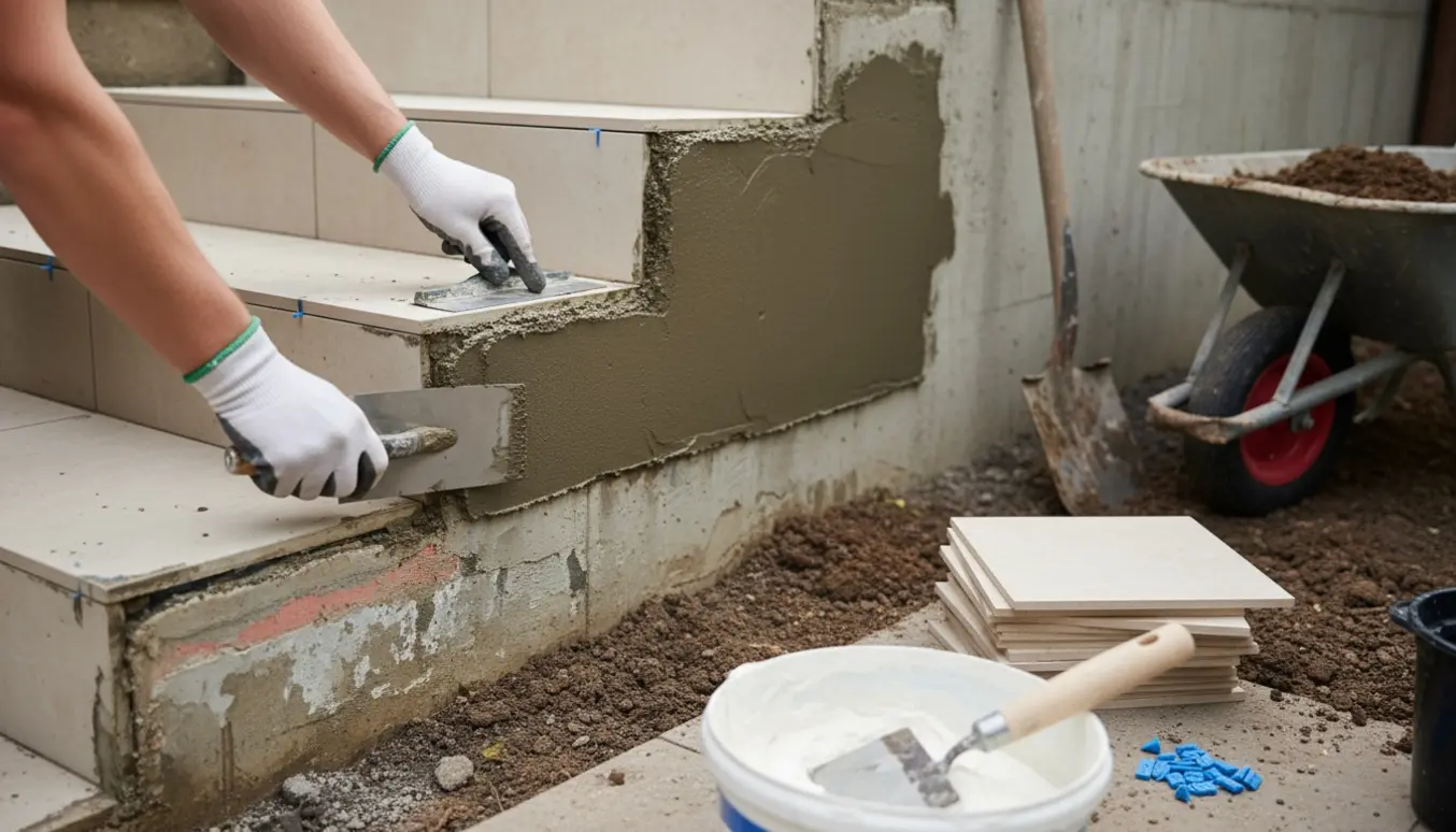 Nærbillede af kældertrappe og sokkel under pudsning med våd mørtel, værktøj og nye fliser klar til montering.