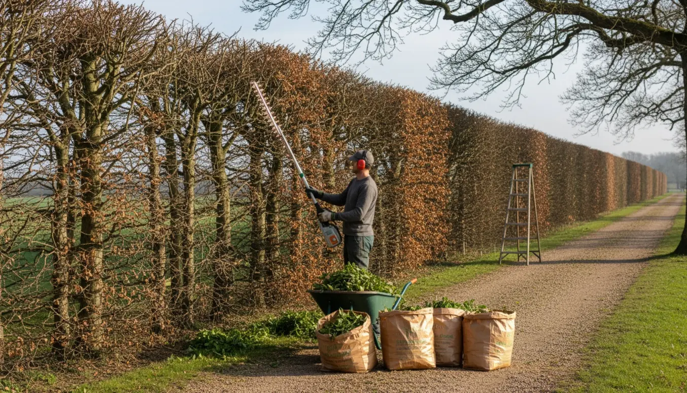 Gartner klipper en lang bøgehæk i klart forårslys, mens afklip samles i en trillebør.
