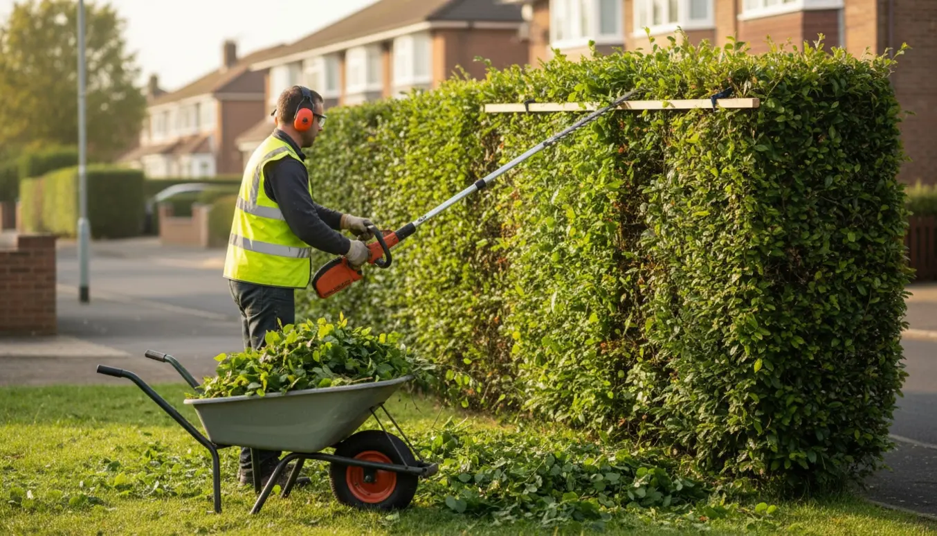 Beskæring af en høj bøgehæk på en hjørnegrund med en havearbejder set bagfra og friske afklip i en trillebør.