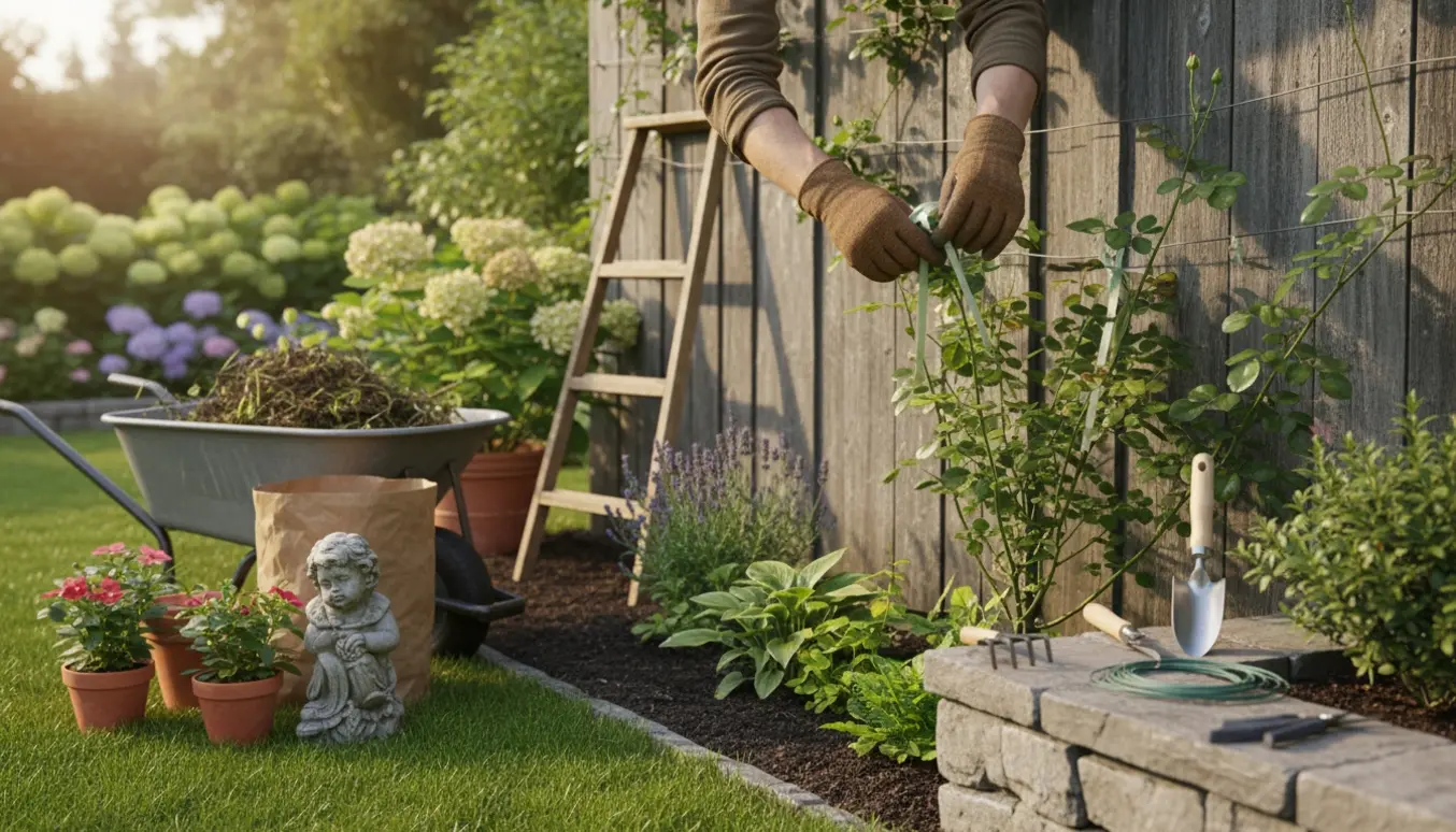 Hænder binder planter op mod en trævæg i en ryddet baghave med trillebør og haveredskaber.