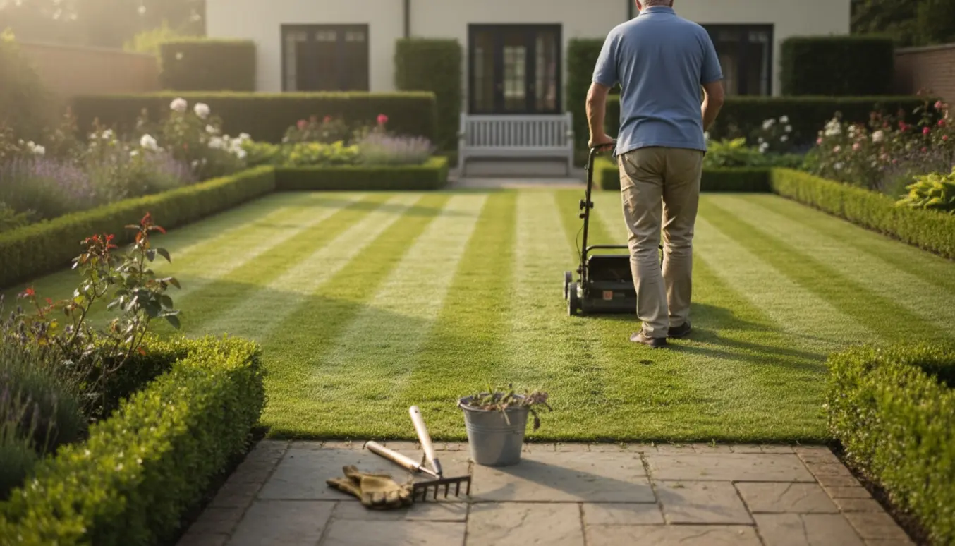 En pensionist ses bagfra og slår græs i en velordnet have med rive og spand til ukrudt.