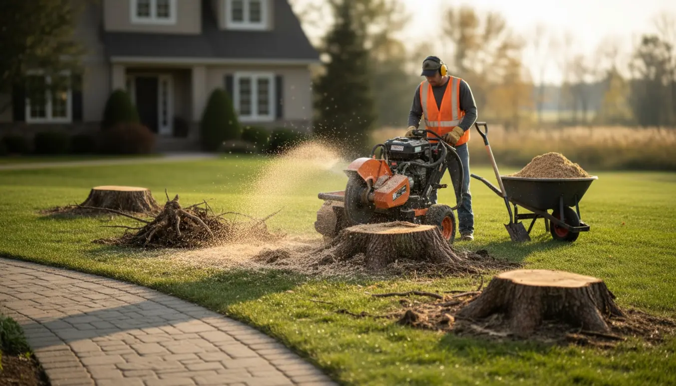Stubfræser fjerner flere træstubbe i en forhave, omgivet af savsmuld og værktøj.