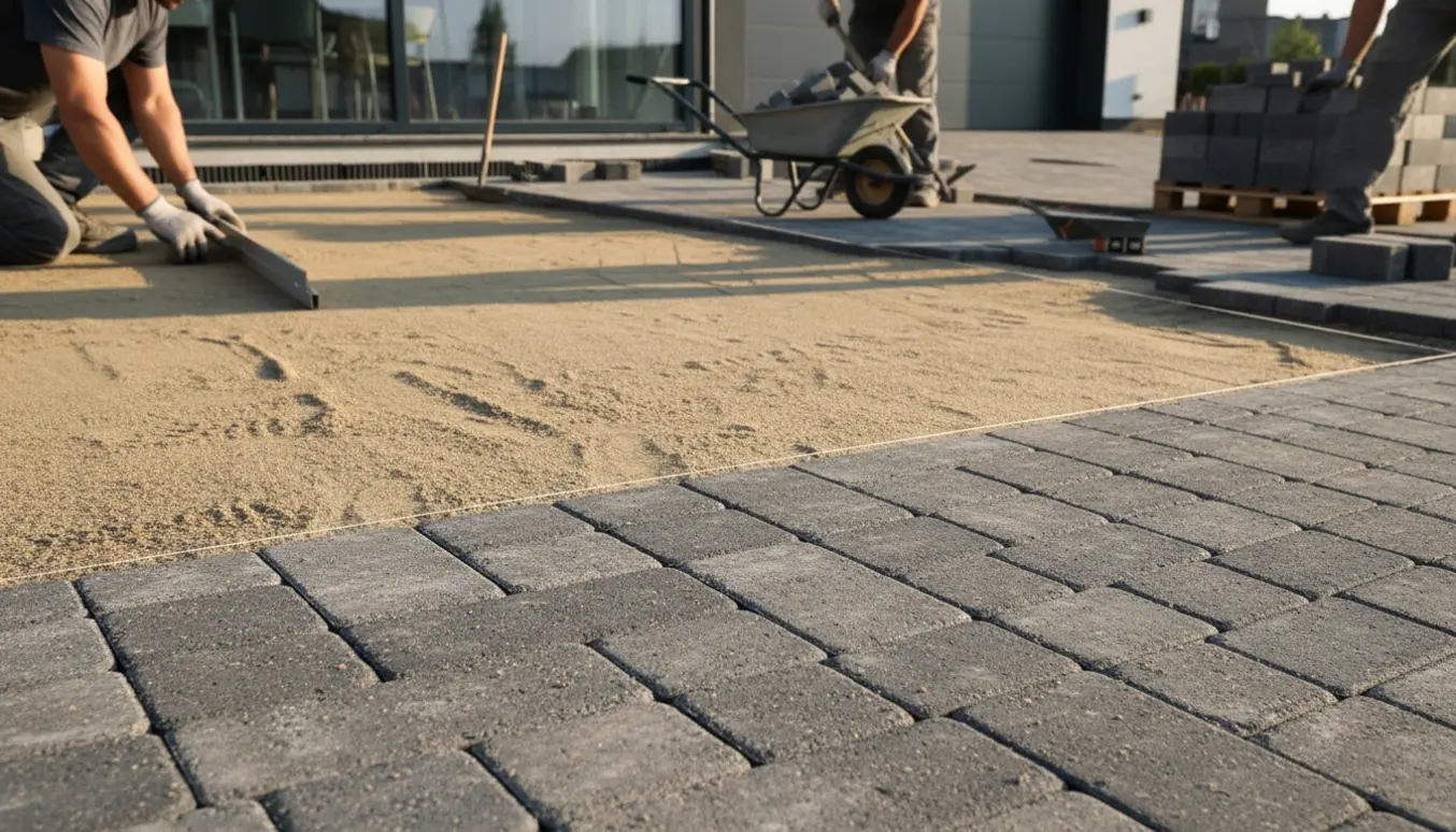 Delvist færdig flisebelægning langs husets side med sandunderlag, værktøj og stabler af kørefliser, uden synlige ansigter.