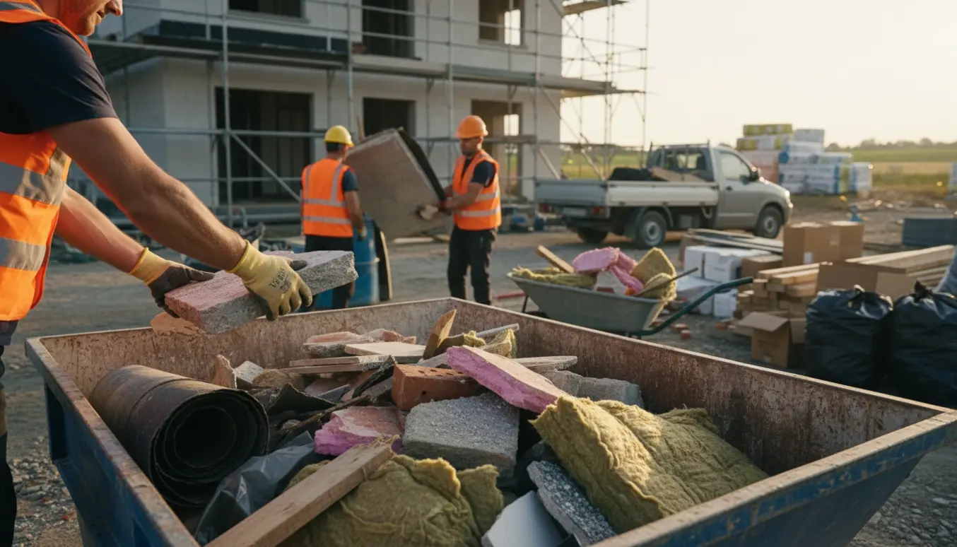 Arbejdere læsser usorteret byggeaffald i en åben container ved et igangværende byggeri.