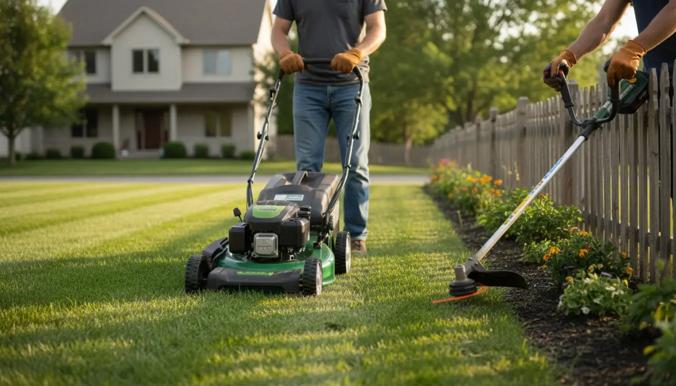 En græsslåmaskine skaber striber på en velplejet plæne ved et hus, mens en kanttrimmer renser kanterne langs et hegn.