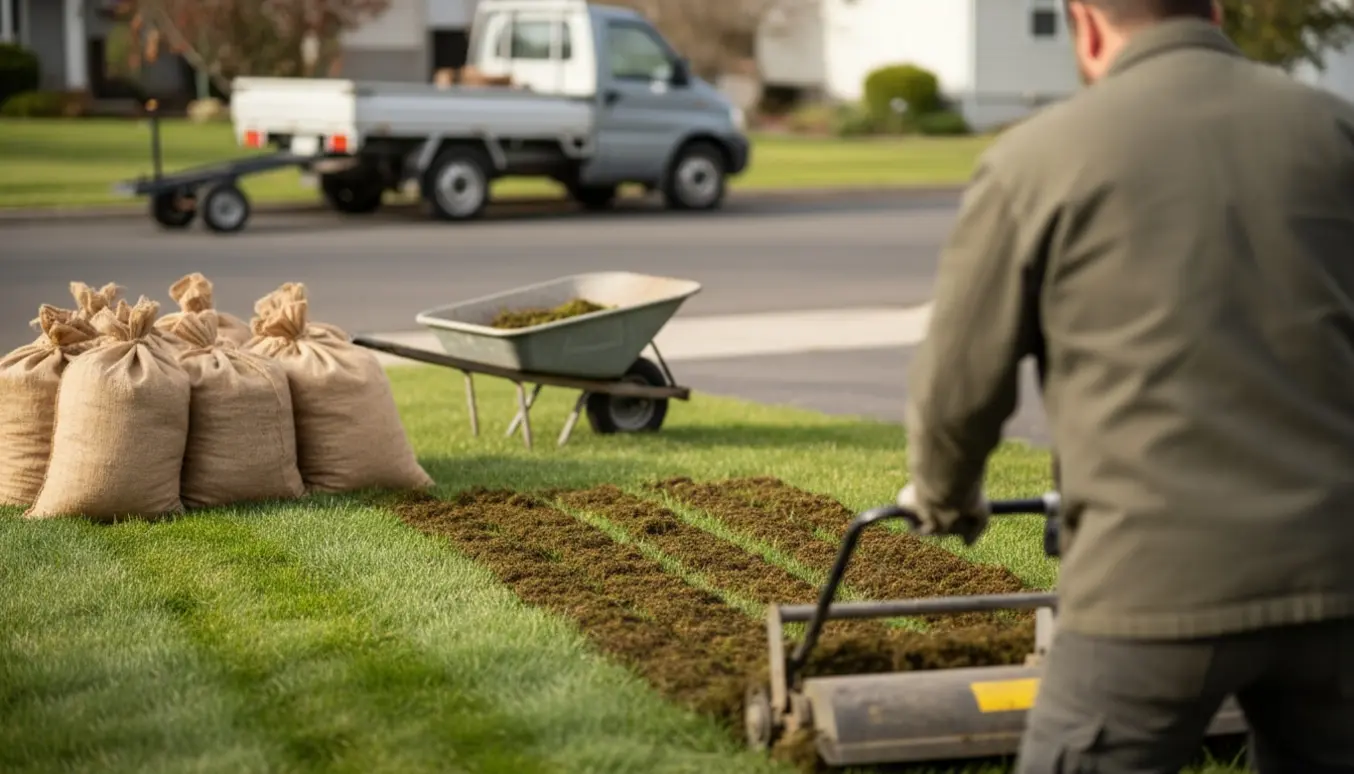 Elektrisk mosrenser i brug på en lille græsplæne med fyldte haveposer og trillebør klar til bortkørsel.