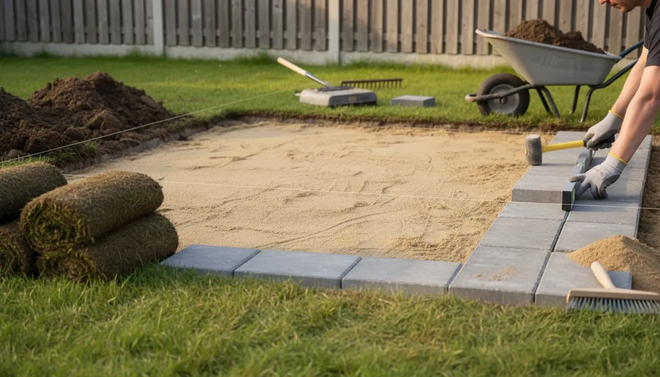 Nærbillede af hænder, der lægger grå betonfliser 60x30 cm på sand i en baghave.
