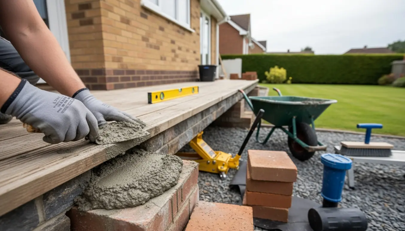 Nærbillede af reparation af sokkel ved hus med mørtel, værktøj og sænket terrasse.