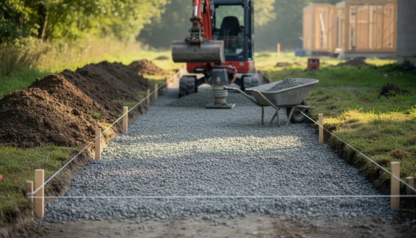 Ny fire meter bred indkørsel etableres henover en grøft med genbrugsstabil og jordbunker ved siden af.